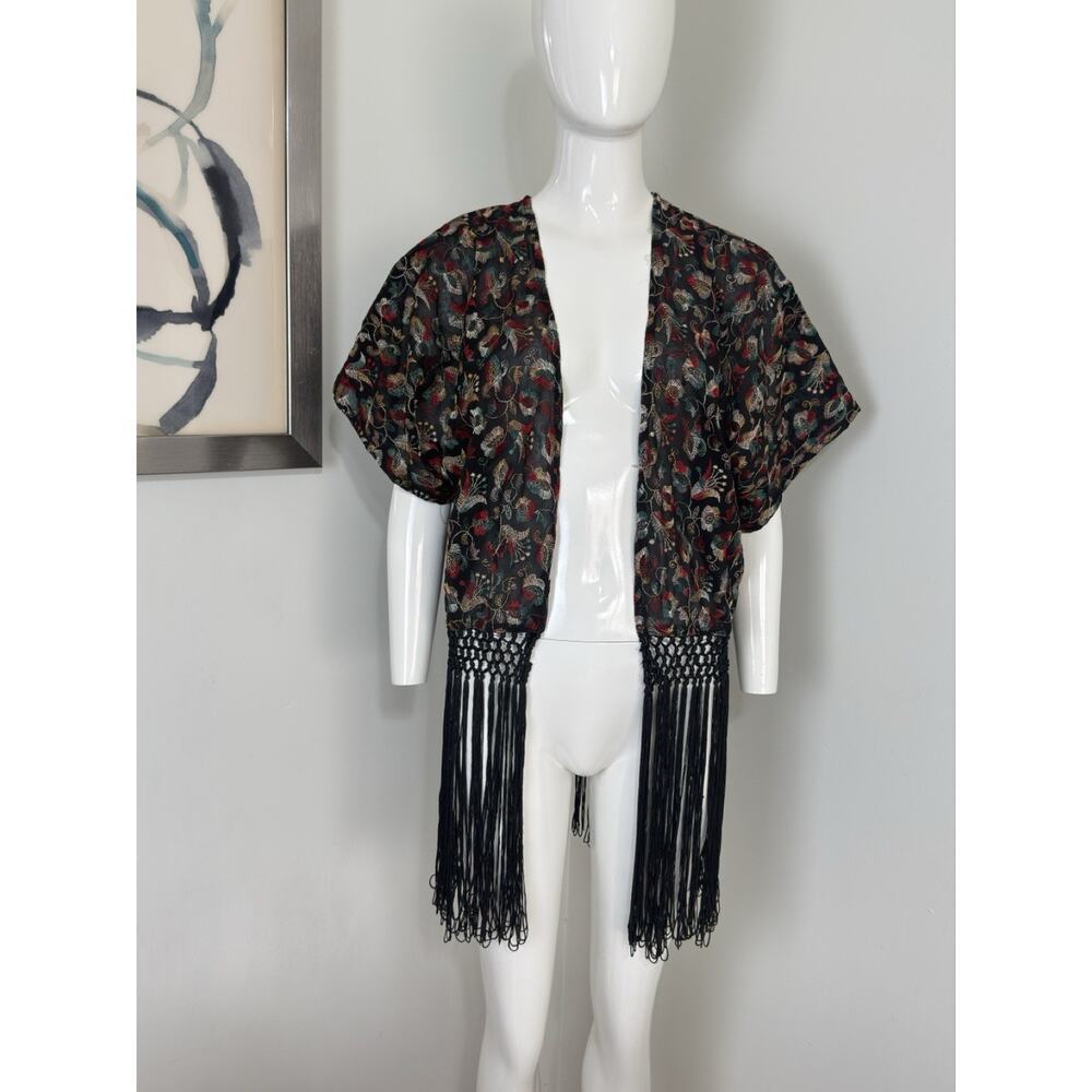 Women’s Sheer Kimono Cardigan Black Embroidered Fringe Boho Festival Size S